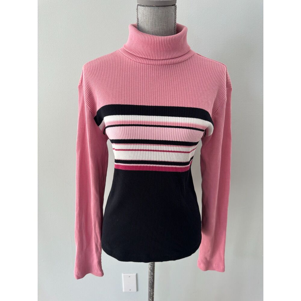 Vintage Ribbed Turtleneck Sweater Pink Black Knit Y2K Long Sleeve Top size L